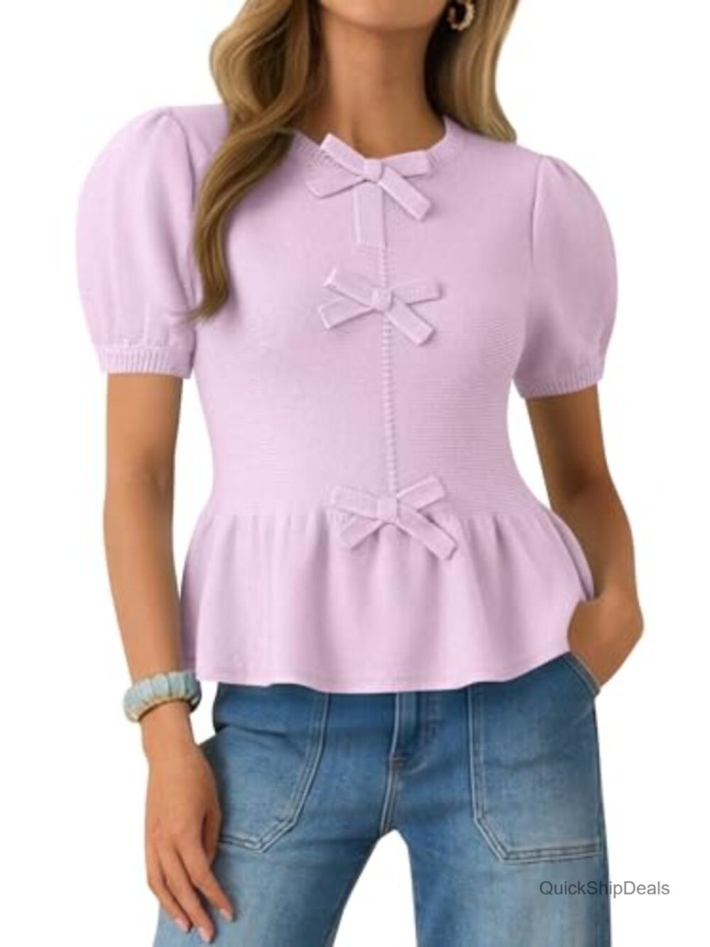 Puff Short Sleeve Pullover Sweater Babydoll Decorative Bow Knit Cropped Peplum